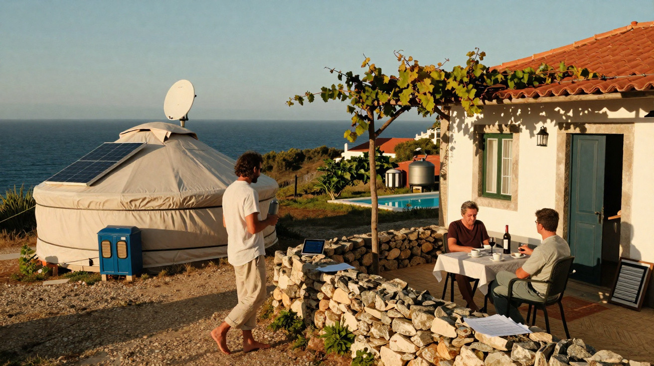 Três pessoas em espaço exterior rural perto de uma tenda circular, mesa com vinho e vista para o mar ao fundo.