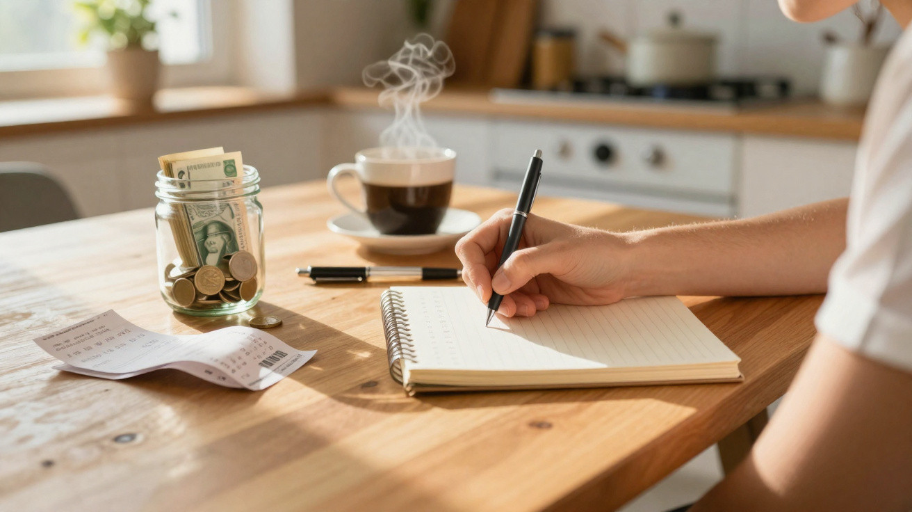 Pessoa a escrever num caderno numa mesa de madeira com café quente e mealheiro com dinheiro.