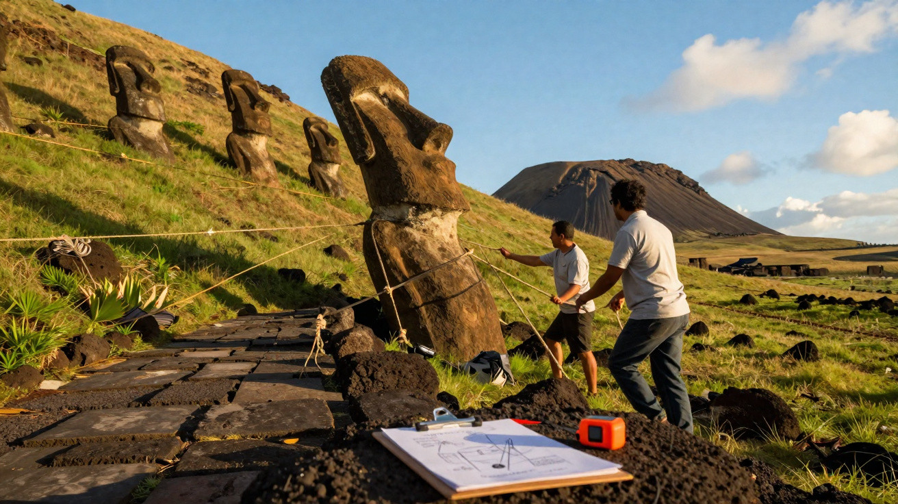 Dois homens medem e analisam uma estátua Moai na Ilha de Páscoa, com montanhas e céu azul ao fundo.