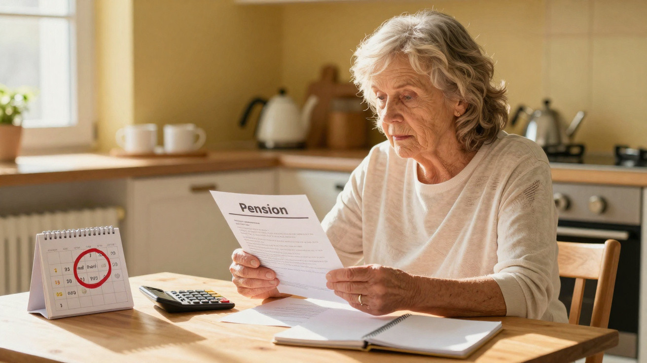 Senhora idosa preocupada a ler carta sobre corte de pensão numa mesa com calculadora e caderno.