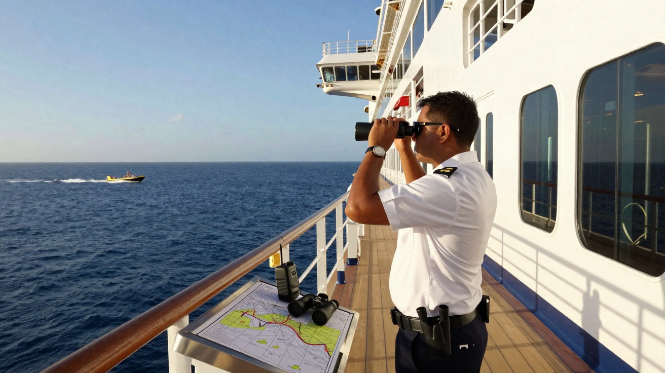 Marinheiro com binóculos observa o mar a partir do convés de um navio ao lado de mapa e rádio.