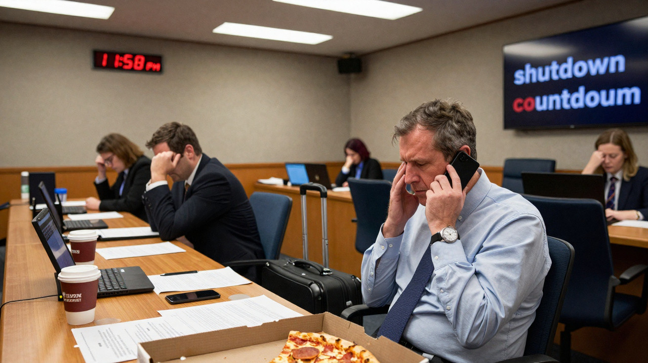 Sala de reunião com várias pessoas a trabalhar e discutir, com caixas de pizza abertas na mesa.