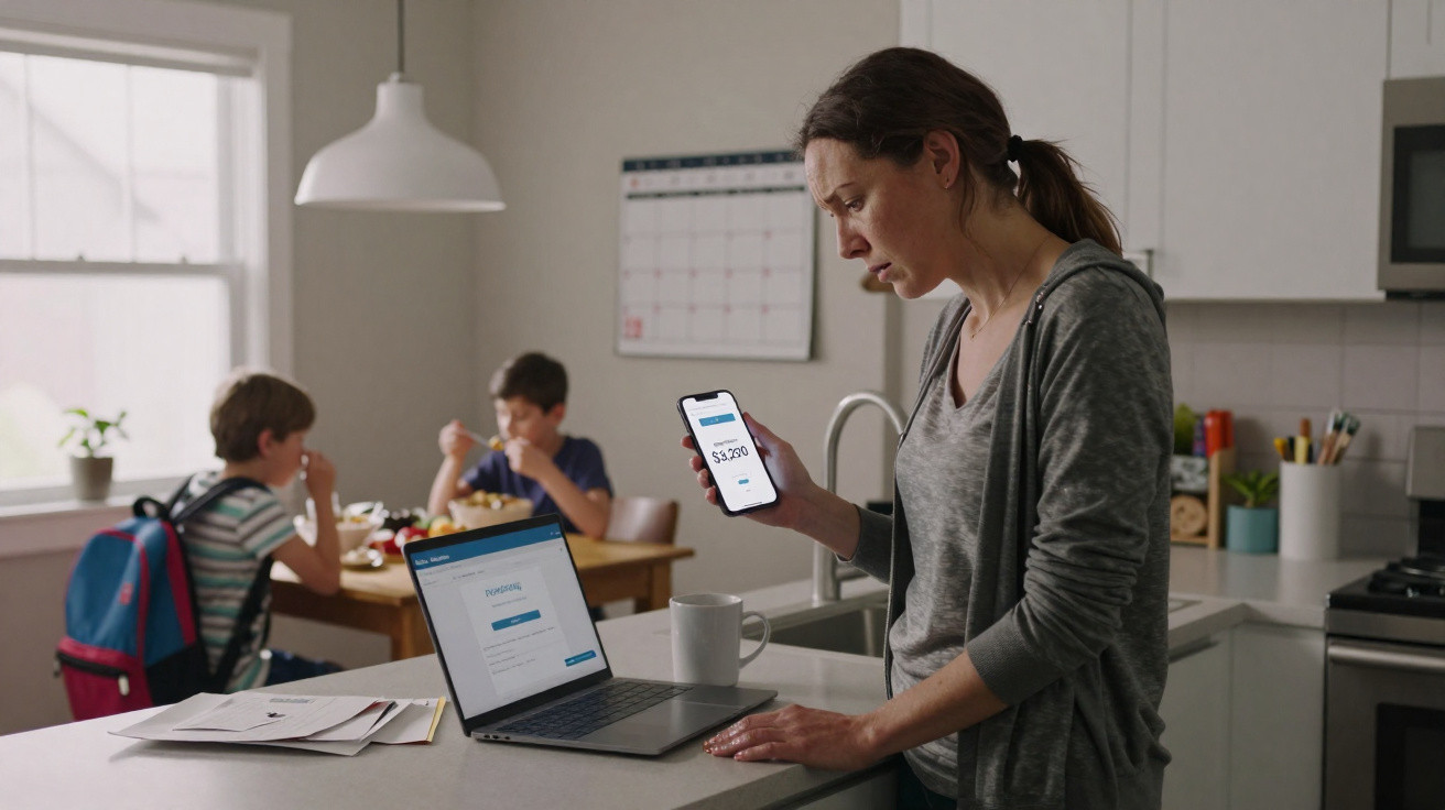 Mulher preocupada a olhar para smartphone com conta por pagar, enquanto crianças comem ao fundo na cozinha.