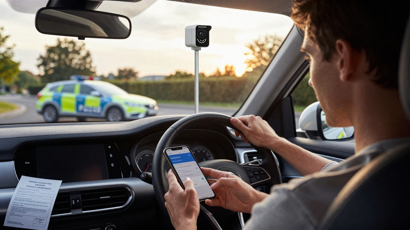 Dois jovens no interior de um carro, um a conduzir e outro a mostrar telemóvel, com polícia parada à frente.