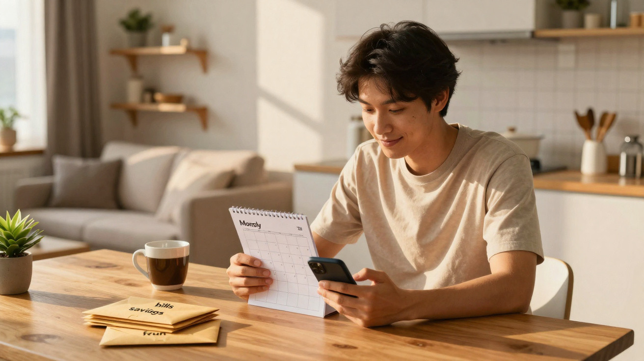 Homem sorridente sentado à mesa a consultar calendário com smartphone e cartas à sua frente numa cozinha iluminada.