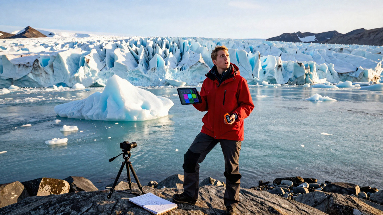 Homem com casaco vermelho a estudar geleira com tablet e equipamentos de medição num lago gelado.