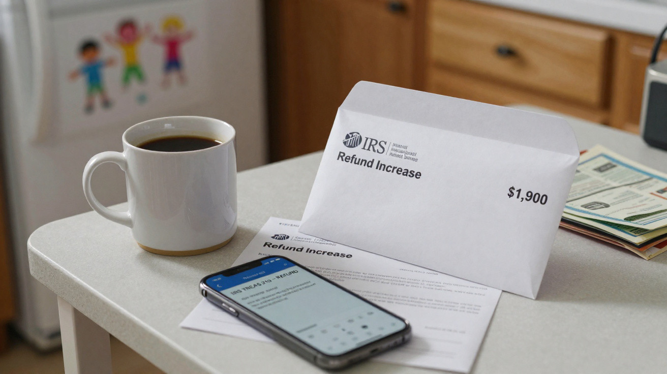 Mesa com uma caneca de café, telemóvel e carta do IRS com envelope aberta mostrando $1.900.