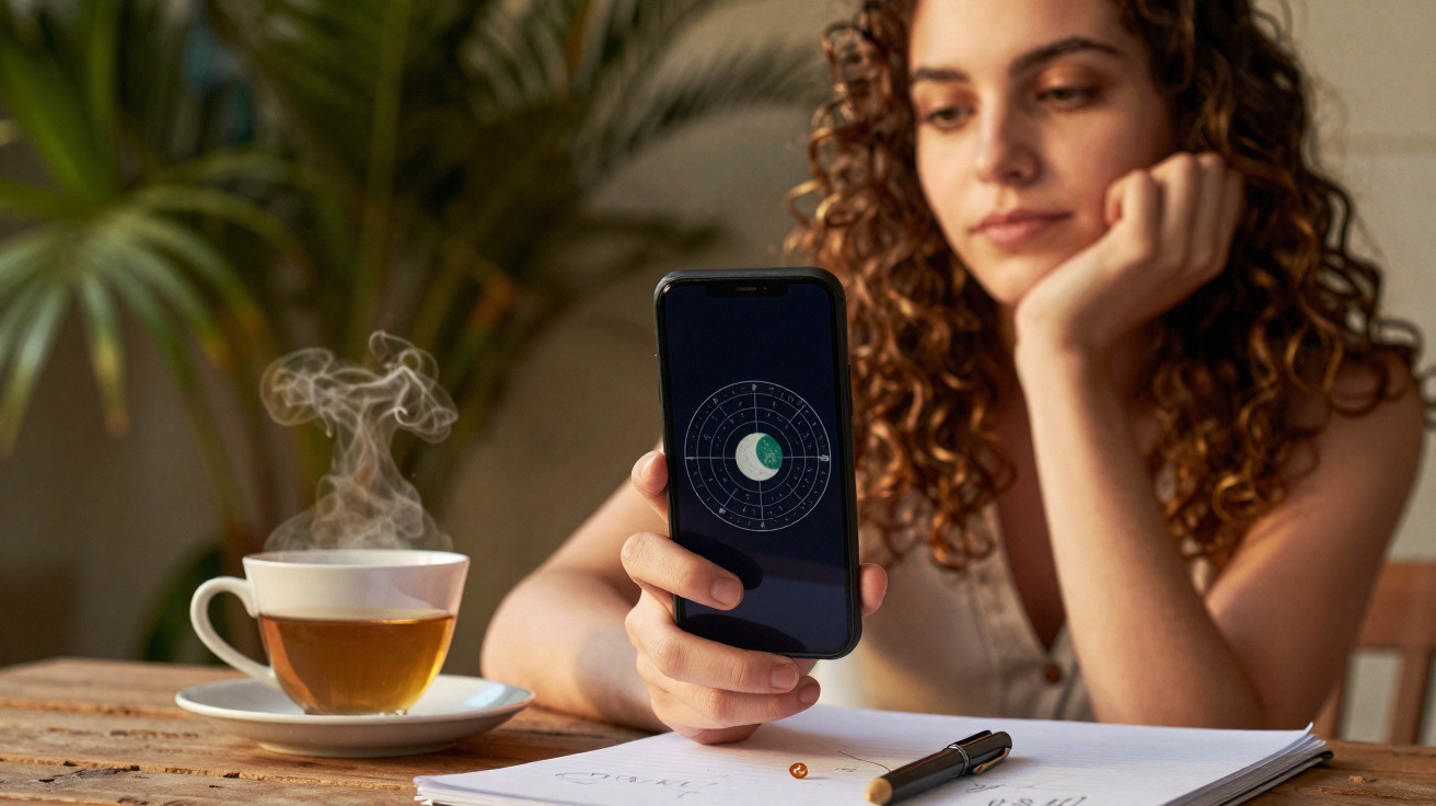 Mulher jovem sentada numa mesa com caderno, a olhar para o telemóvel, chá fumegante ao lado.