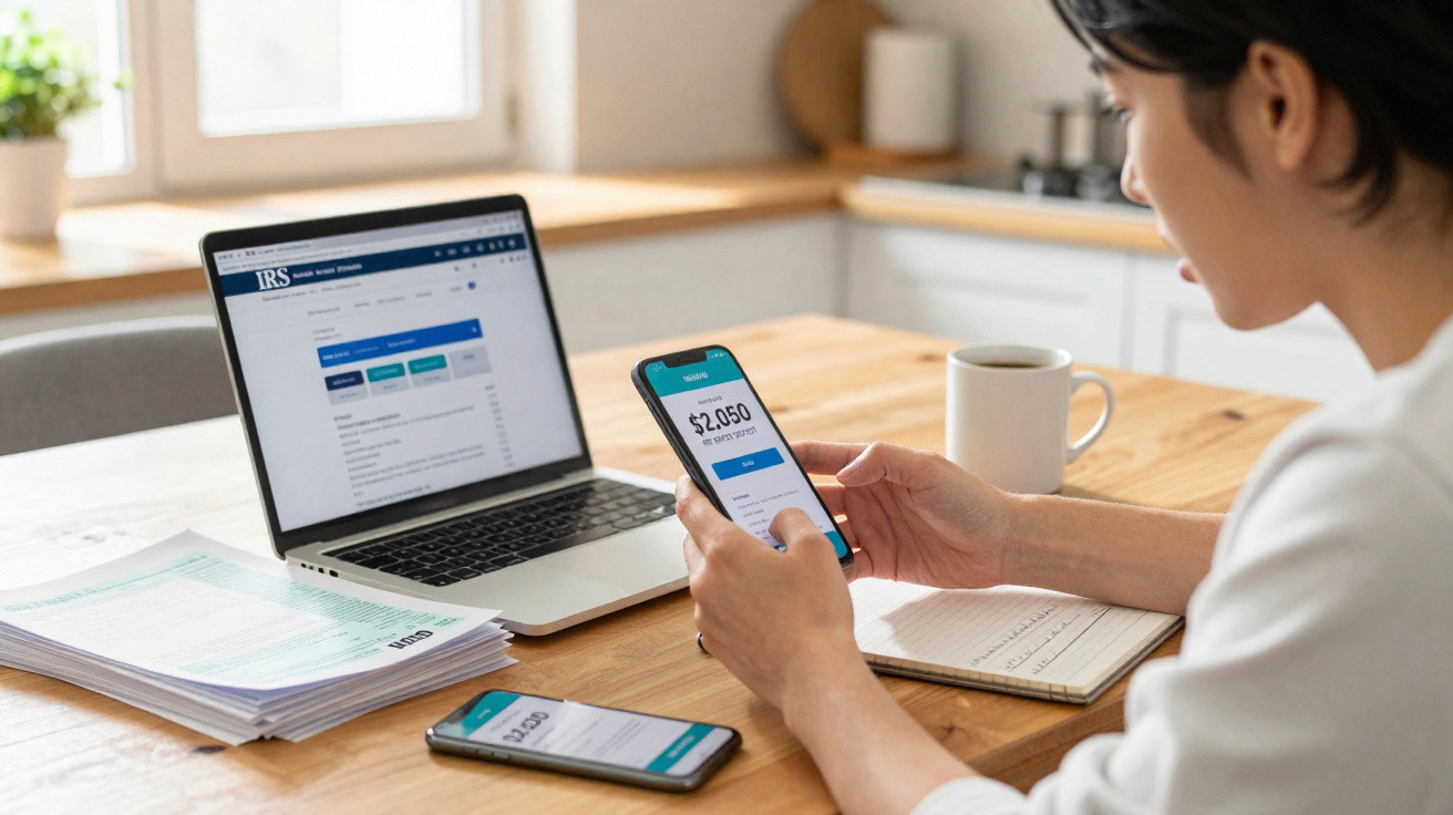 Pessoa a consultar detalhes financeiros num smartphone, com laptop, cadernos e café numa mesa de madeira.