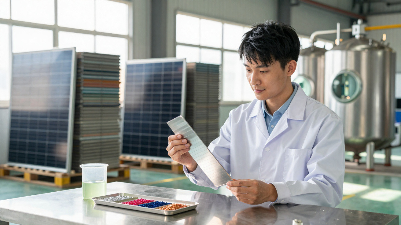 Homem com bata branca analisa mostra de painéis solares num laboratório com painéis ao fundo.