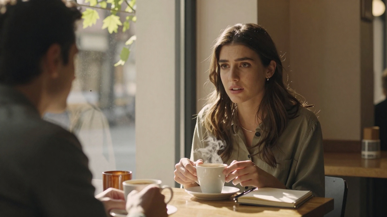 Mulher séria conversa com duas pessoas numa mesa de café, com chá quente e um caderno aberto.