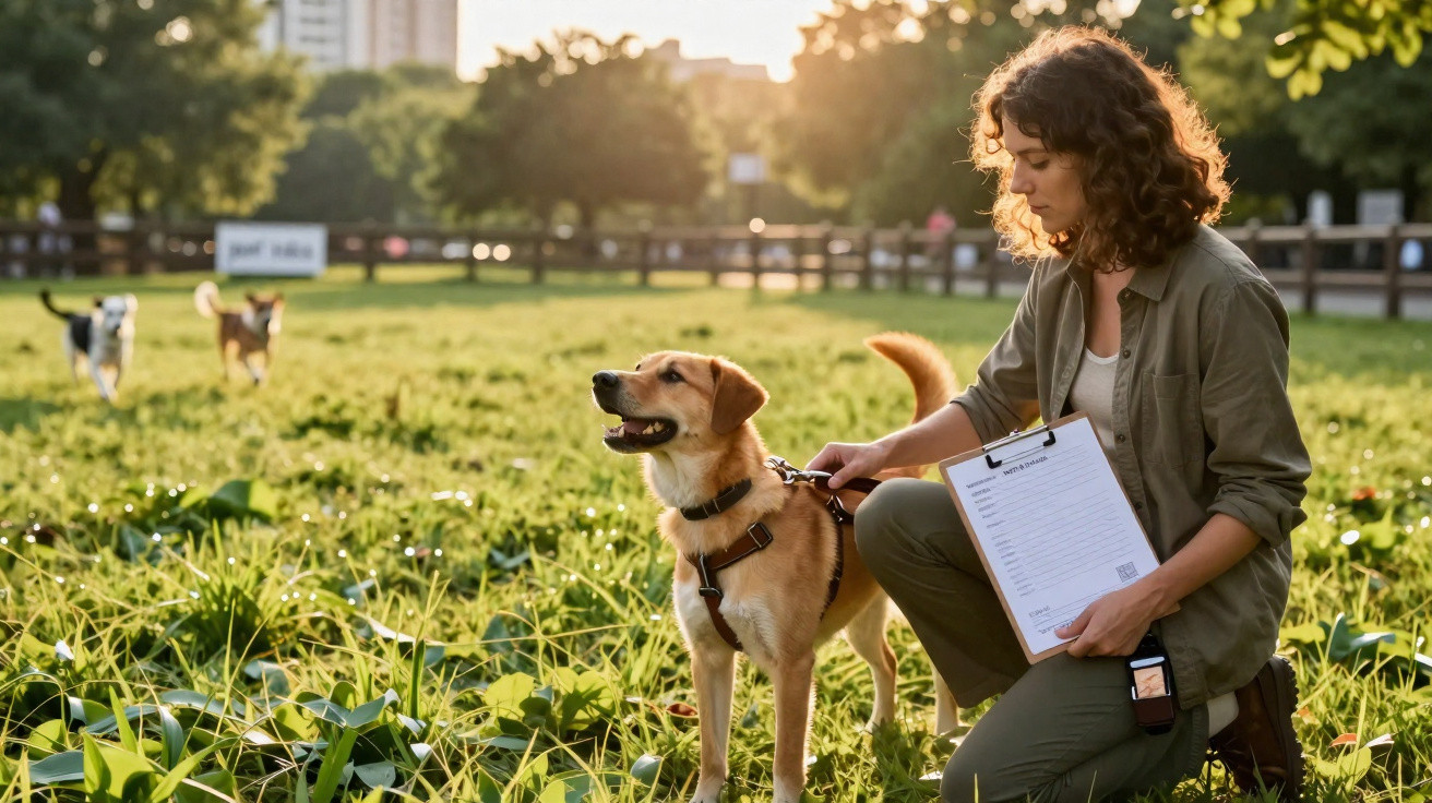 Mulher com prancheta observa cão com coleira num parque verde ao entardecer com cães ao fundo.