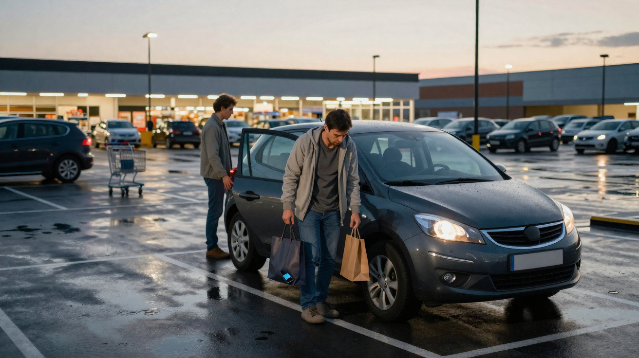 Dois homens com sacos de compras ao lado de um carro num parque de estacionamento ao entardecer.