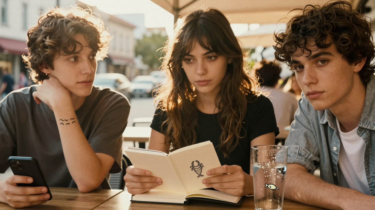 Três jovens sentados numa esplanada, uma rapariga a ler um livro com escorpião na capa, dois rapazes ao lado.