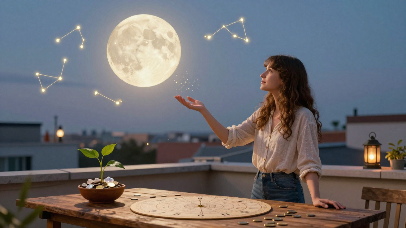 Mulher numa varanda à noite, com a Lua brilhando e constelações à sua frente, rodeada de elementos místicos.
