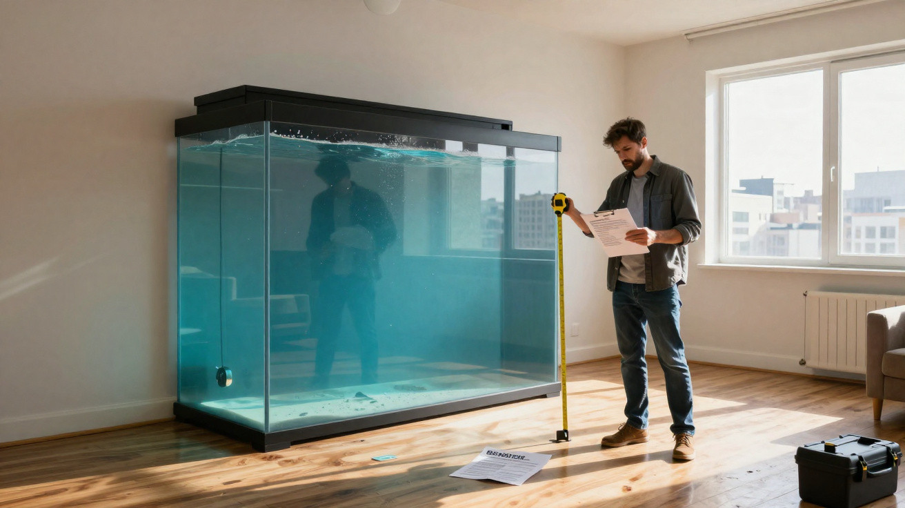 Homem a medir a altura de um grande aquário vazio numa sala com chão de madeira e luz natural.