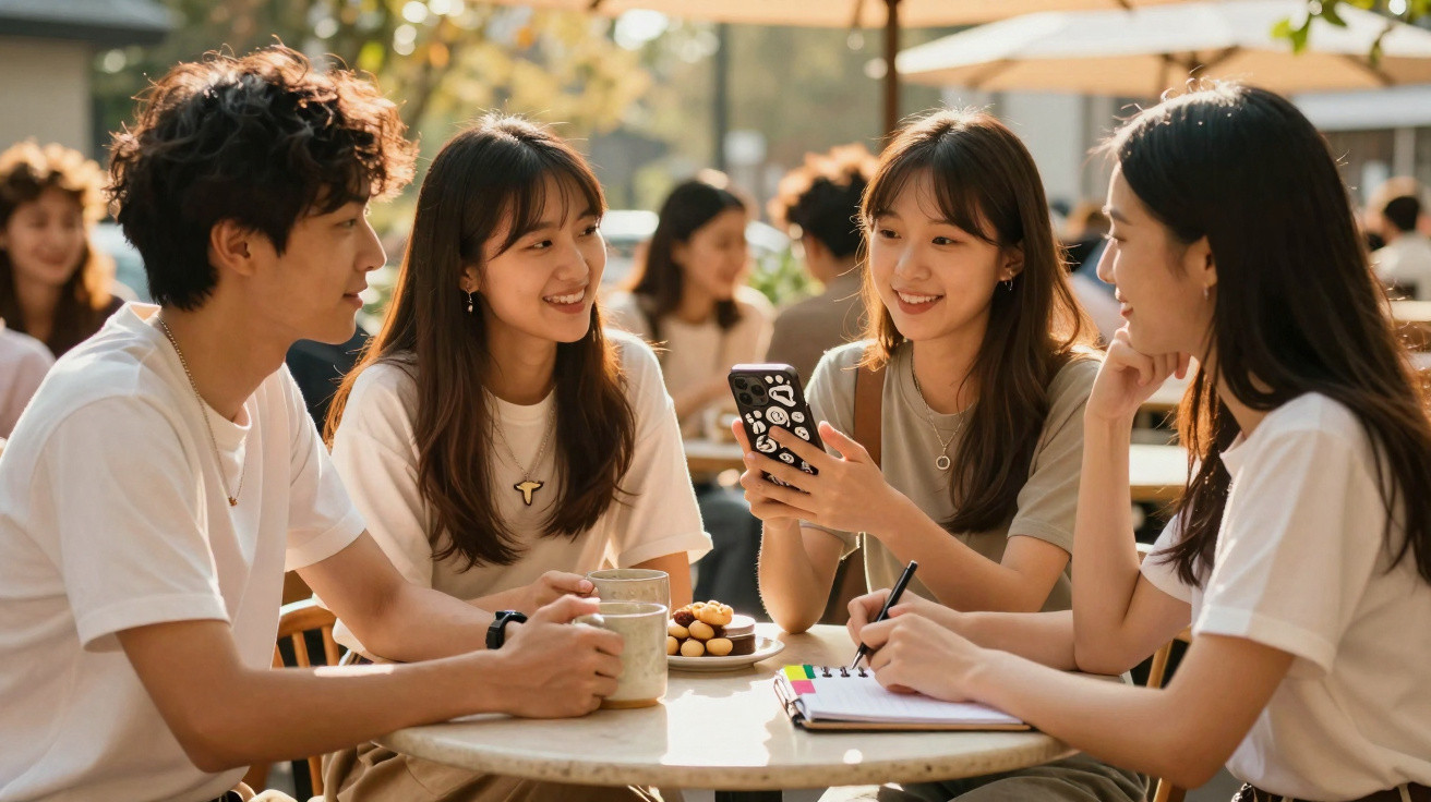 Grupo de jovens amigos a conversar e a beber café numa esplanada, com telemóvel e caderno na mesa.