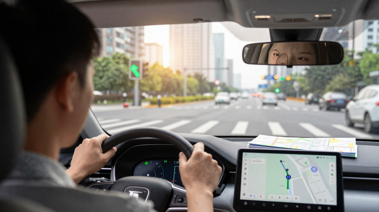 Pessoa a conduzir carro com sistema de navegação GPS e semáforo verde numa rua urbana movimentada.