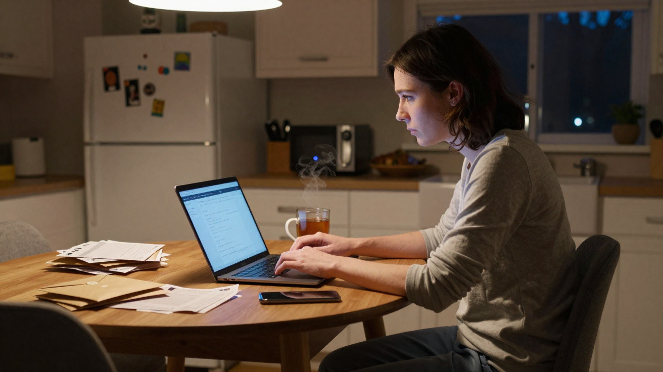 Homem a trabalhar num computador portátil numa cozinha iluminada durante a noite, com chá a fumegar na mesa.