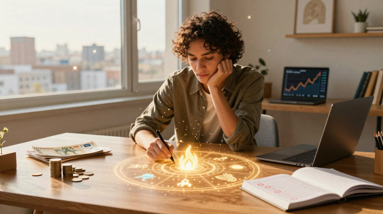 Jovem a estudar astrologia com símbolos zodiacais e fogo mágico num escritório moderno.