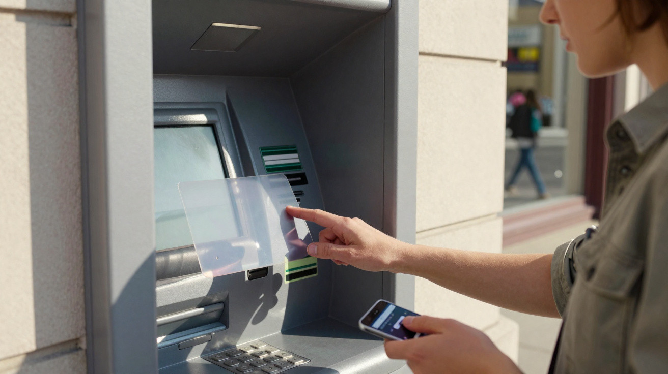 Pessoa a levantar dinheiro num multibanco com cartão bancário e telemóvel na mão ao ar livre.