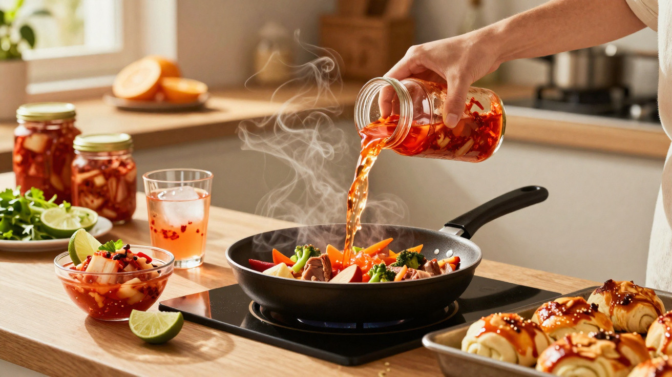 Pessoa a verter molho picante numa frigideira com legumes e carne numa cozinha moderna.