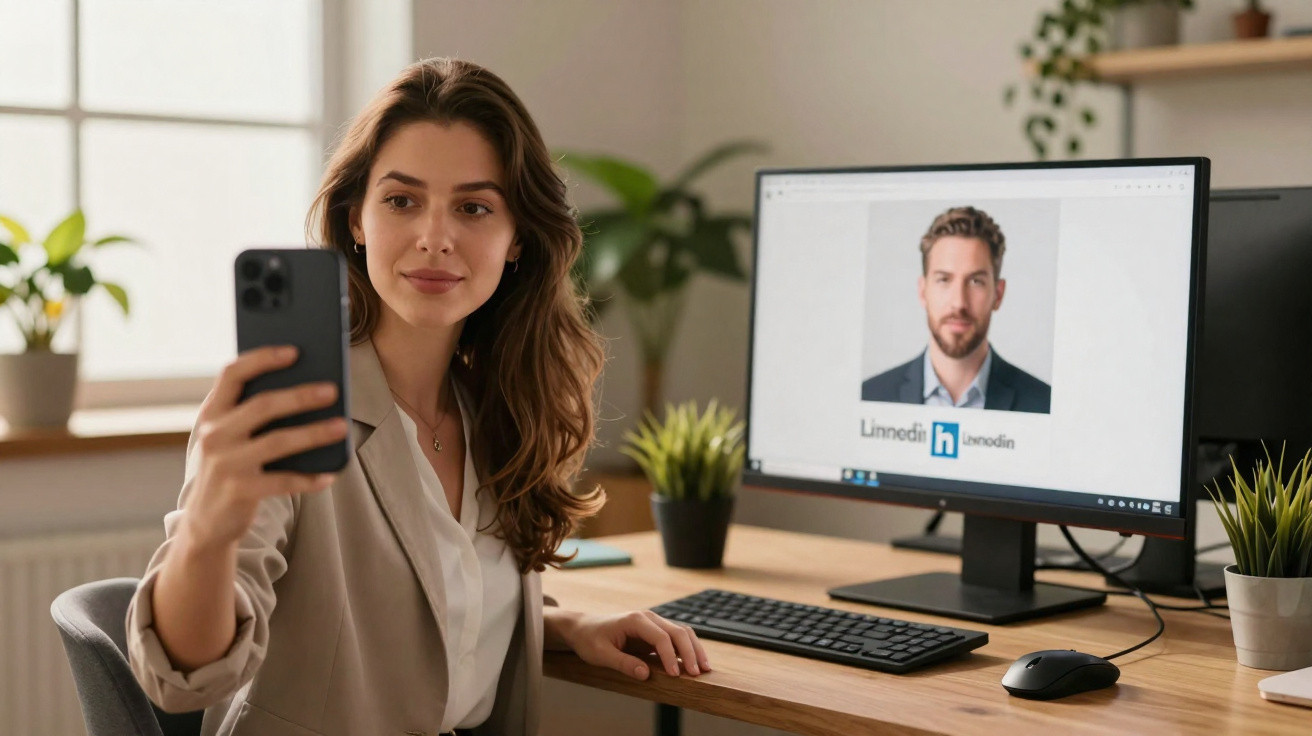 Mulher a fazer videochamada no computador enquanto tira selfie com telemóvel num escritório luminoso.