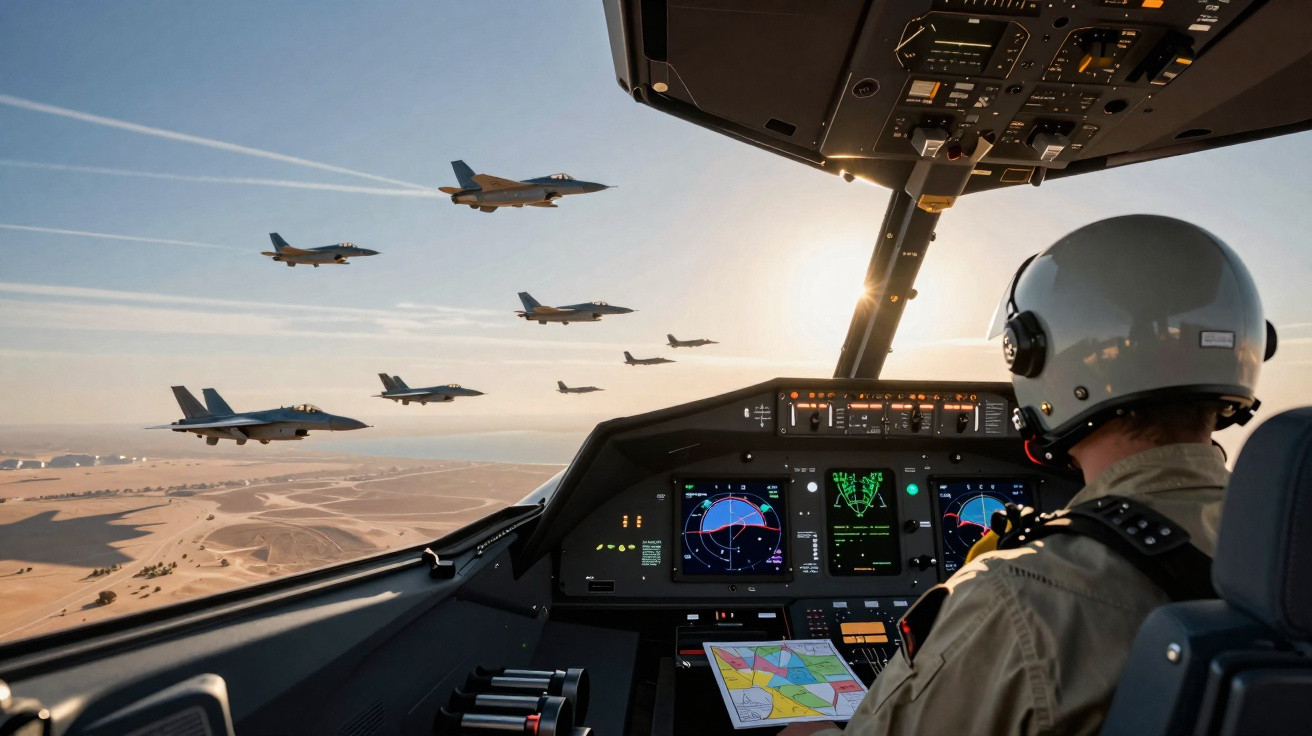 Piloto numa cabine de avião militar observando formação de caças a jato em voo sobre o deserto.