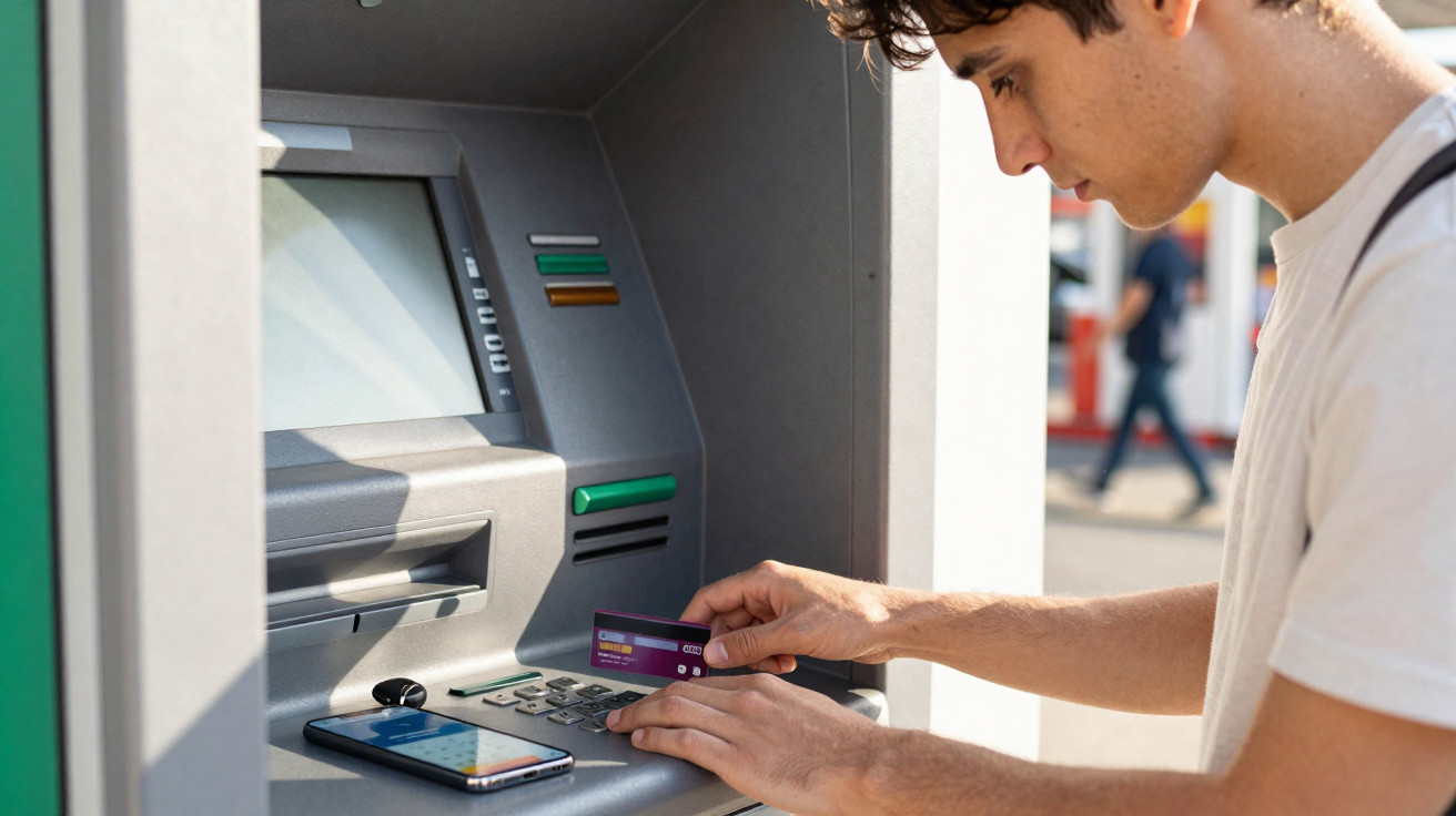 Jovem a usar um cartão bancário num multibanco ao ar livre com um telemóvel colocado à sua frente.