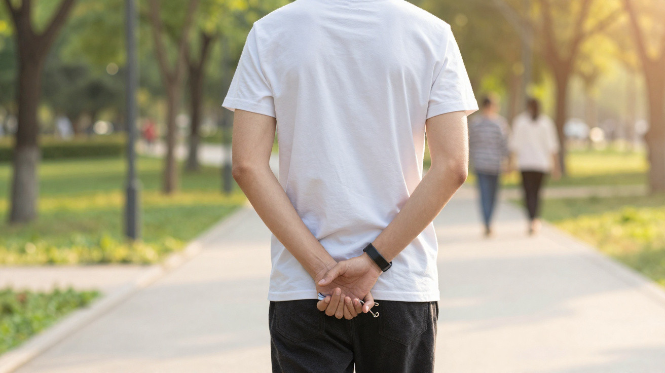 Pessoa de costas a caminhar num parque com camiseta branca e relógio no pulso esquerdo.
