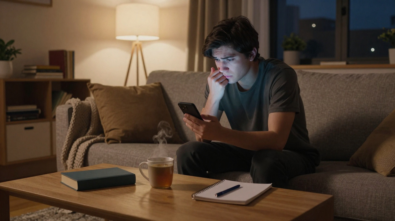 Jovem sentado no sofá à noite a olhar atentamente para o telemóvel, com mesa e livros à frente.
