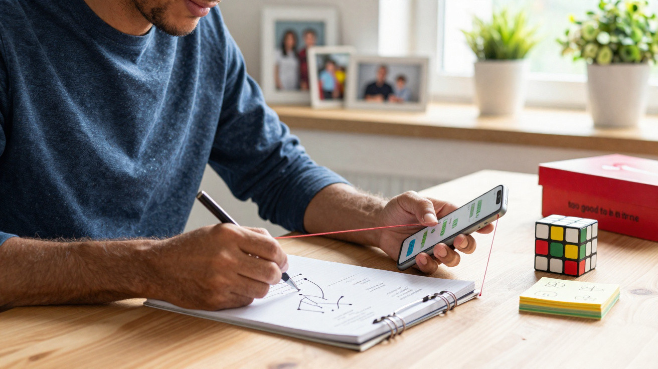 Pessoa a fazer anotações num caderno enquanto consulta um smartphone numa mesa com vários objetos.