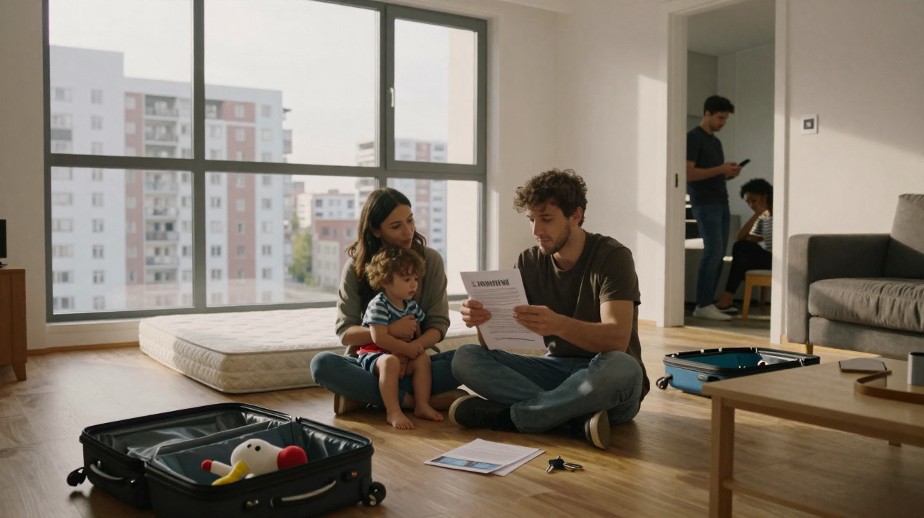 Casal e criança sentados no chão de apartamento com malas abertas e roupas, pacote de mudança.
