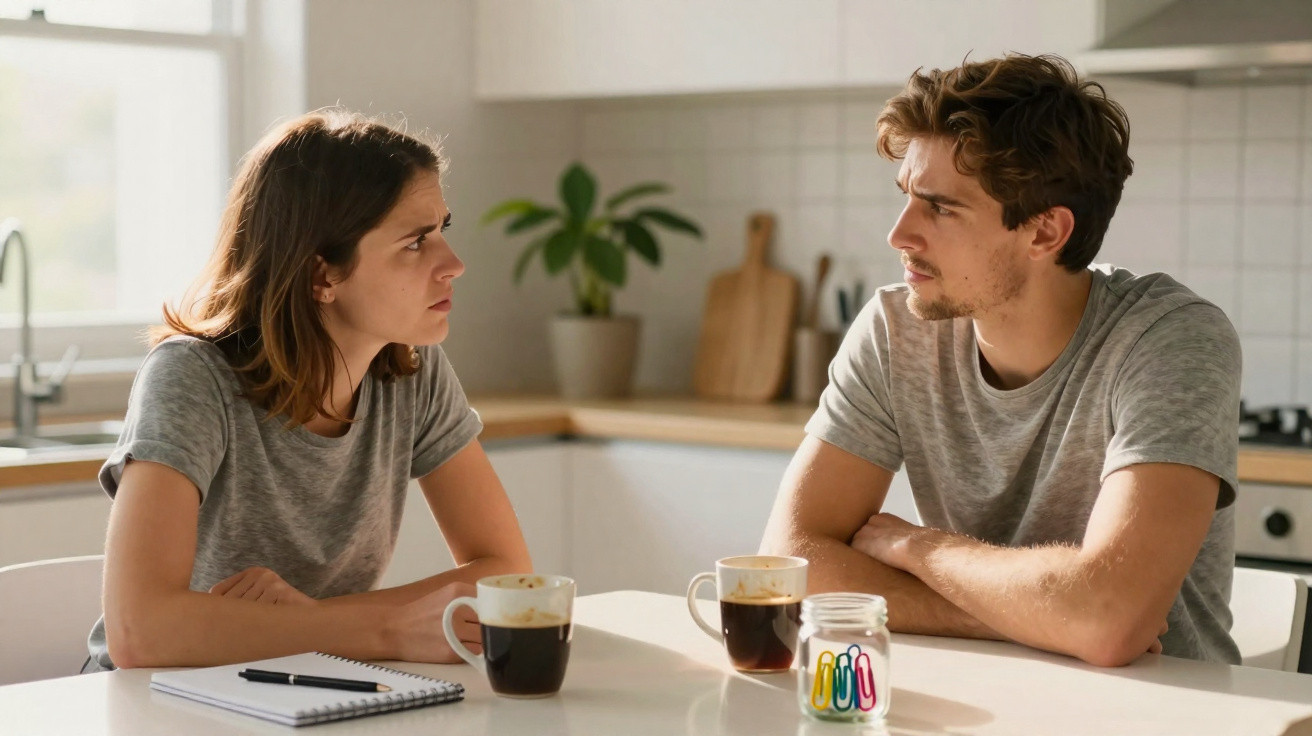 Casal jovem sentados à mesa da cozinha a conversar de forma séria com café à frente.
