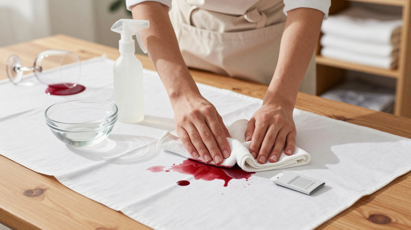 Mãos a limpar mancha de vinho tinto numa toalha branca sobre mesa de madeira com recipiente de água e spray.