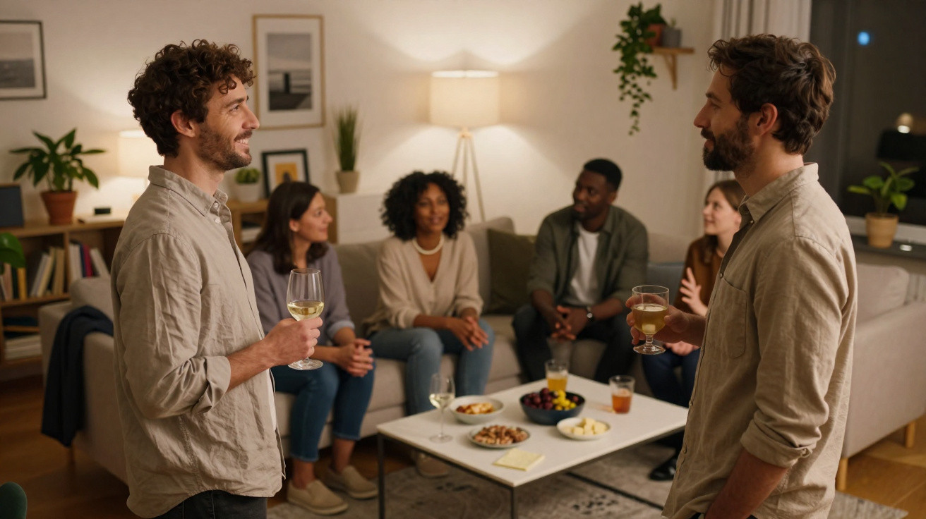 Grupo de amigos a conversar e beber em sala de estar acolhedora à noite.