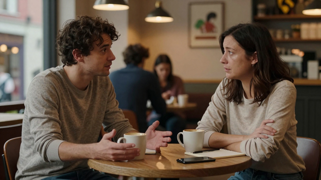 Dois adultos conversam sentados numa mesa de café com chávenas e telemóvel à frente.
