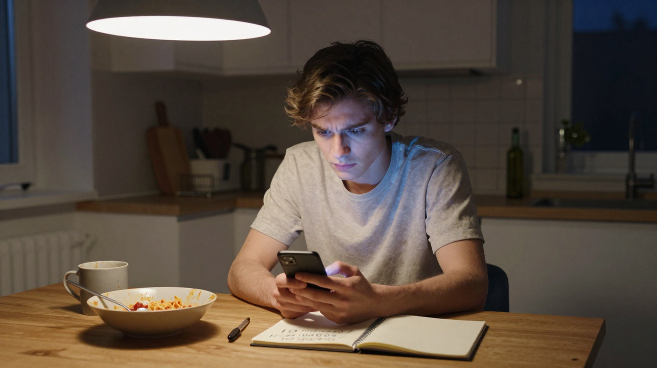 Jovem sentado à mesa da cozinha à noite, a olhar para o telemóvel com caderno e comida à frente.