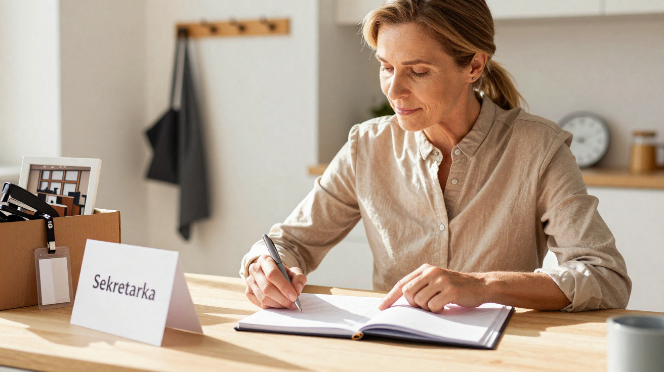 Mulher sentada à mesa a escrever num caderno, com placa de secretária e caixa com papéis ao lado, interior iluminado.