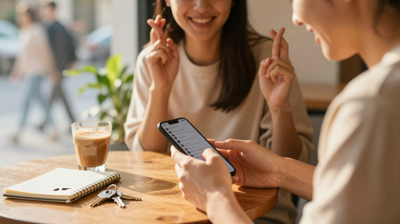 Duas pessoas sentadas à mesa de café, uma a mostrar mensagens no telemóvel e outra a sorrir.