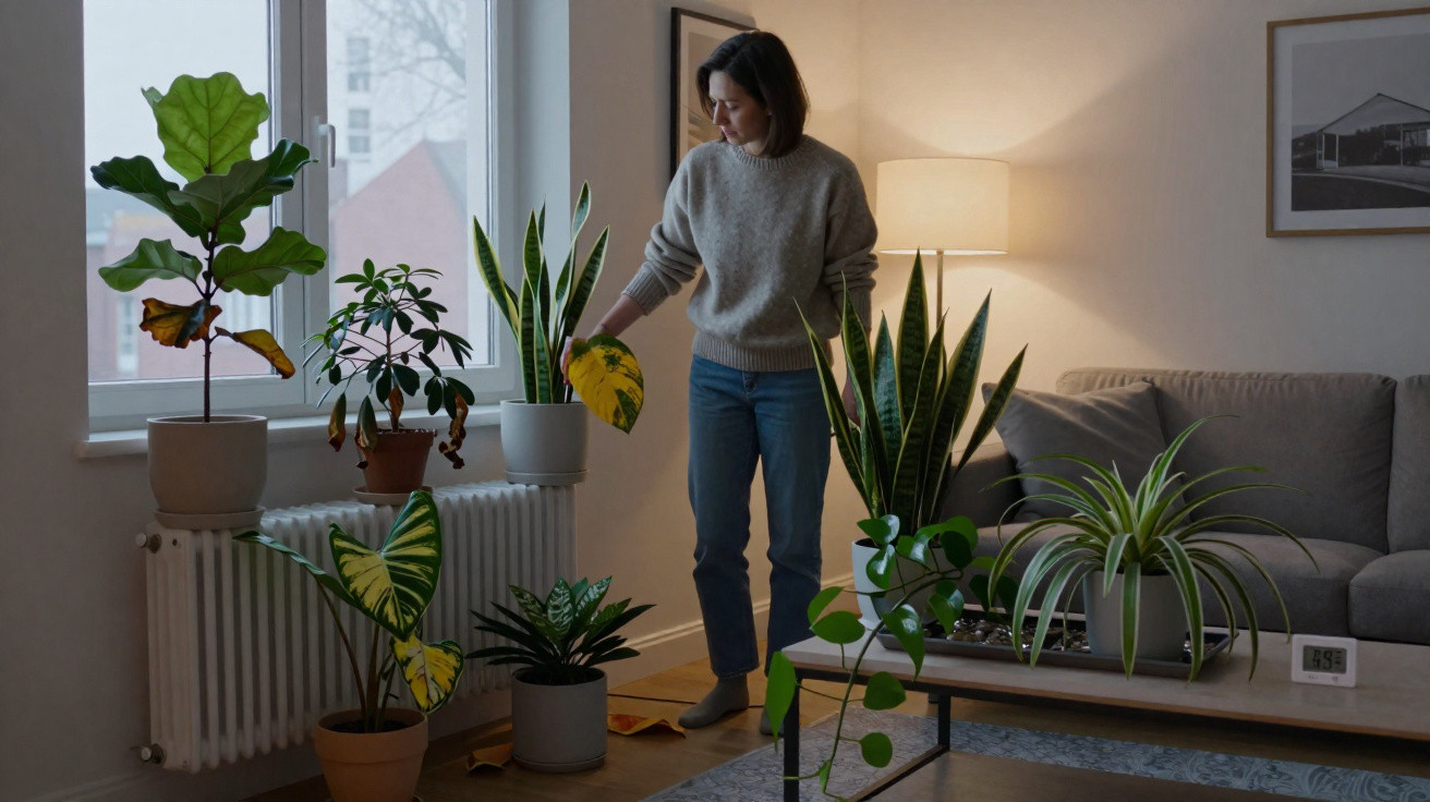 Mulher a cuidar de plantas dentro de uma sala com sofá, mesa e decoração minimalista.