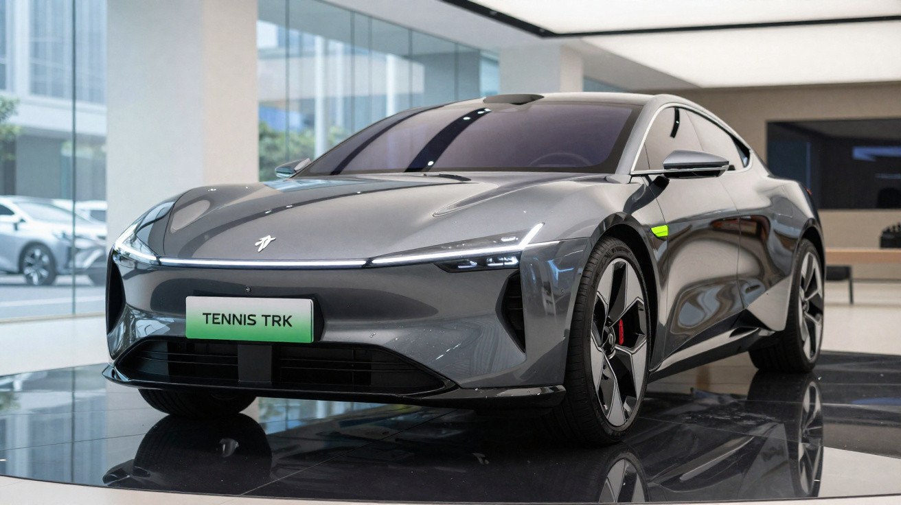Carro desportivo elétrico cinzento com design futurista exposto numa sala moderna.