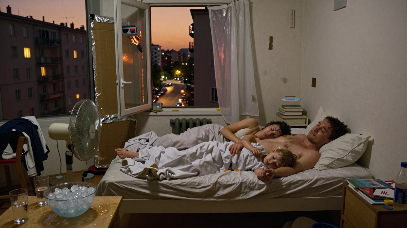 Homem e criança a dormir numa cama, janela aberta para vista noturna de rua e edifícios iluminados.