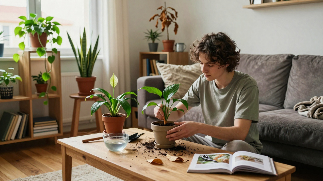 Jovem a transplantar planta para vaso maior numa sala com várias plantas e móveis modernos.