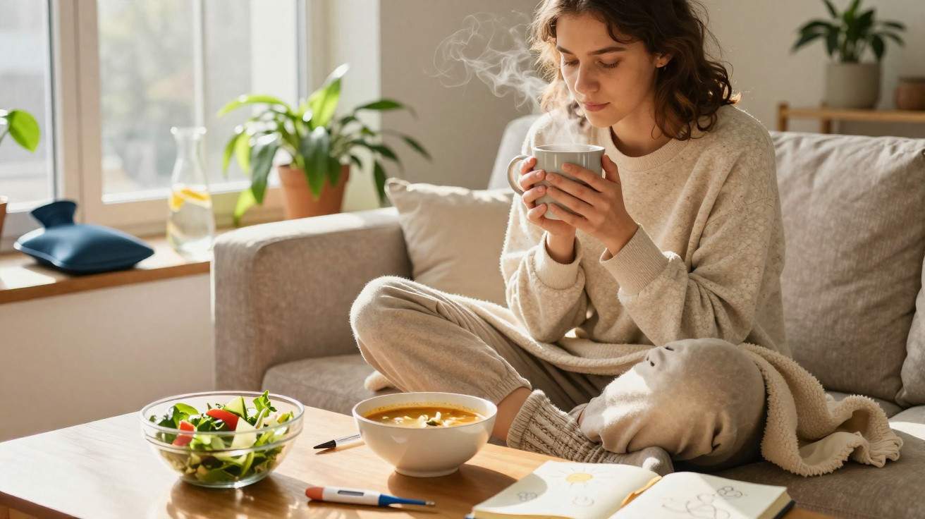 Mulher sentada no sofá a beber chá quente com mantas, sopa, salada, garrafa de água e livro numa mesa.