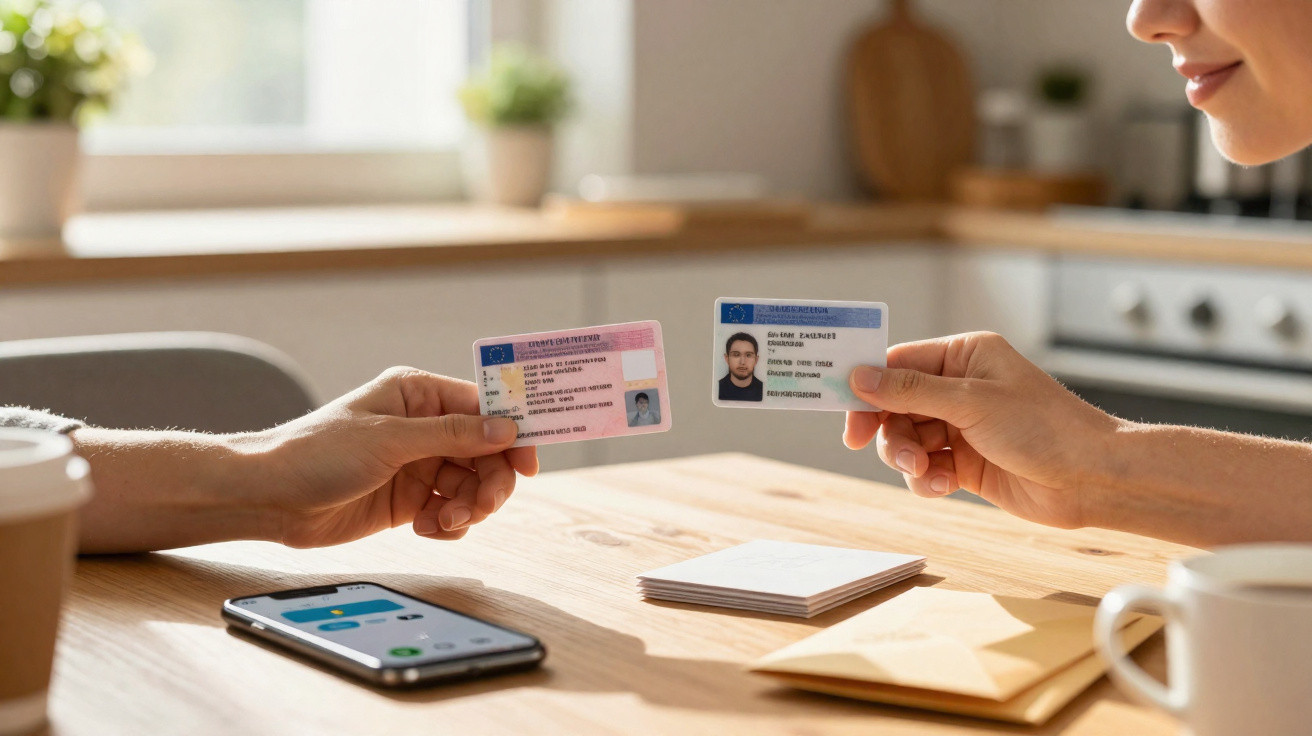 Pessoa a segurar uma carta de condução e um cartão de cidadão numa mesa com telemóvel e envelopes.