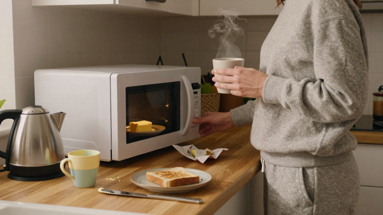 Pessoa a preparar bebida quente na cozinha com torrada ao lado sobre bancada de madeira.