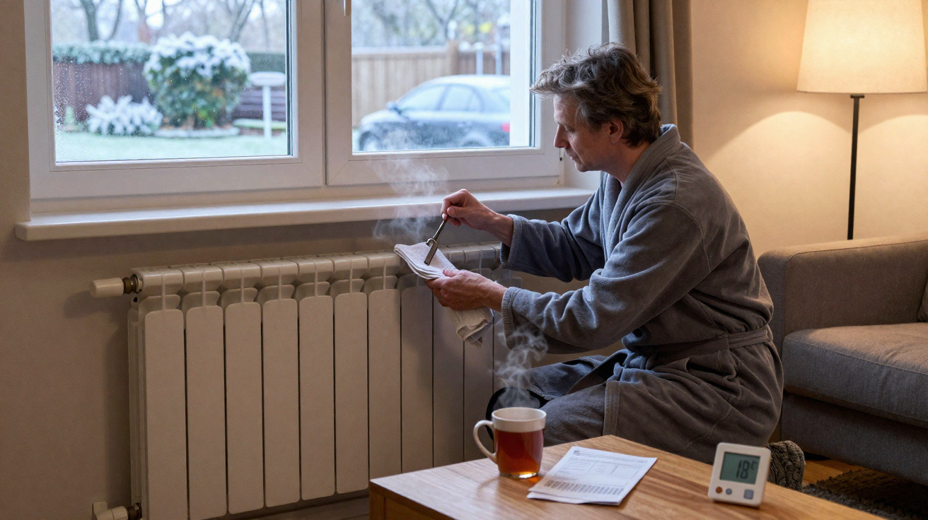 Homem em roupão regula radiador de aquecimento num ambiente doméstico acolhedor e quente no inverno.