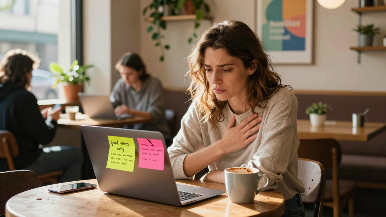 Mulher preocupada usa computador portátil num café com outras pessoas a trabalhar ao fundo.