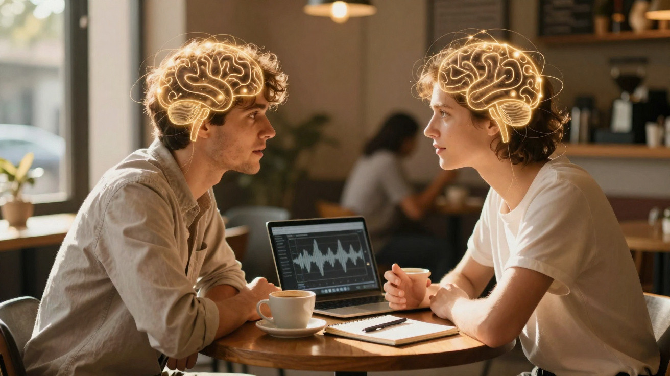 Duas pessoas sentadas numa mesa com cérebro iluminado, discutindo perto de um portátil num café.